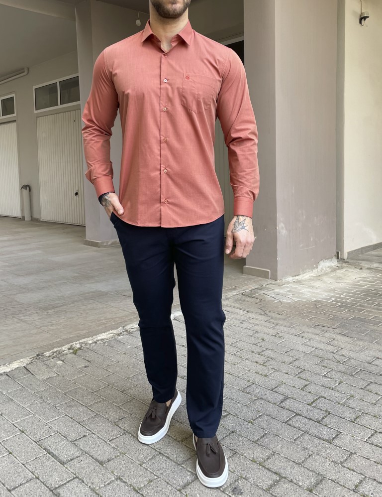 Ανδρικό κεραμιδί πουκάμισο με γιακά και τσέπη στο στήθος 0083 φωτογραφία